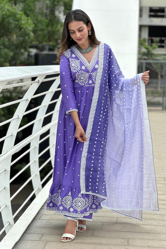 DEEP LILAC FLARED EMBROIDERED SUIT SET
