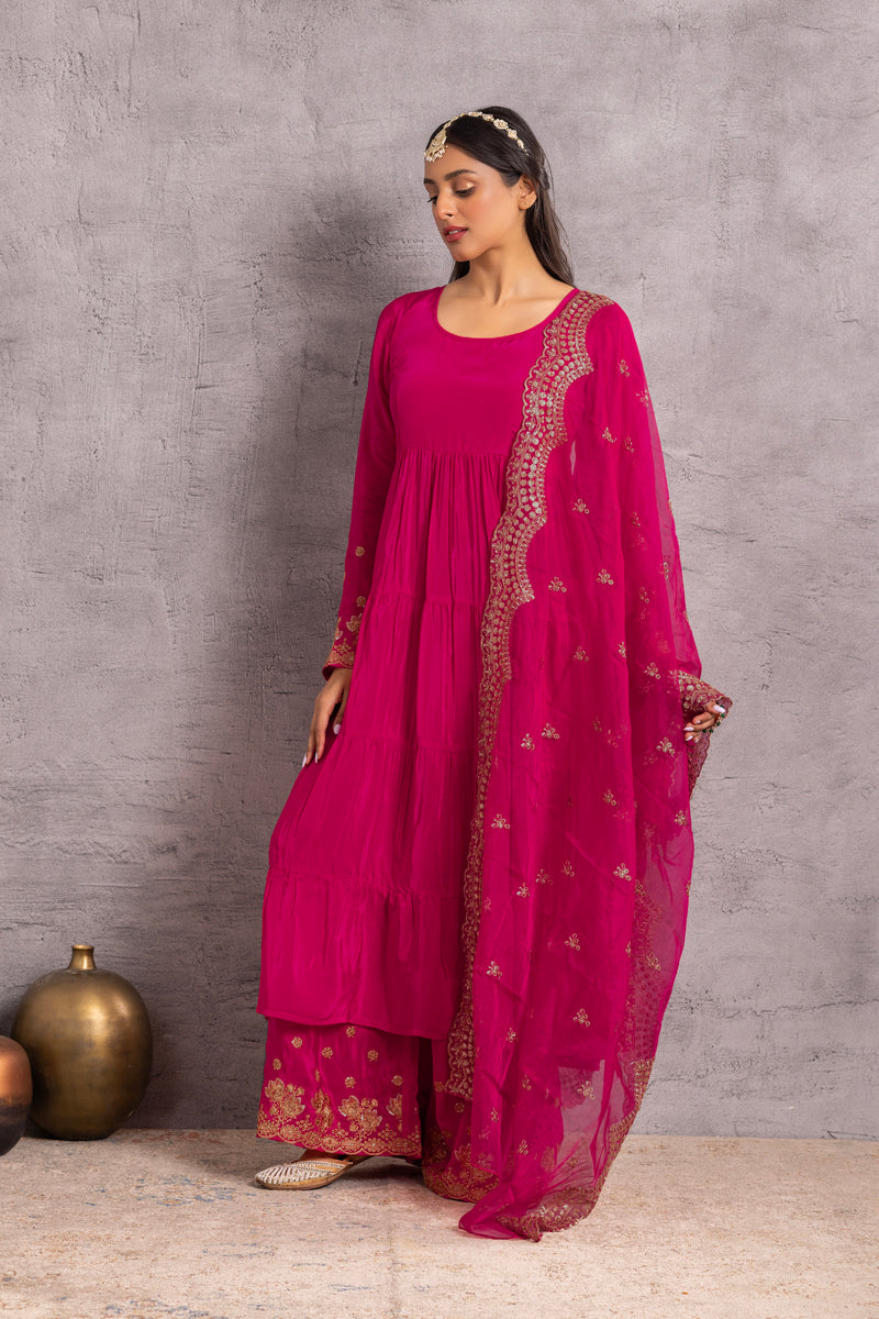 Magenta Gold Embroidered Flared Suit Set