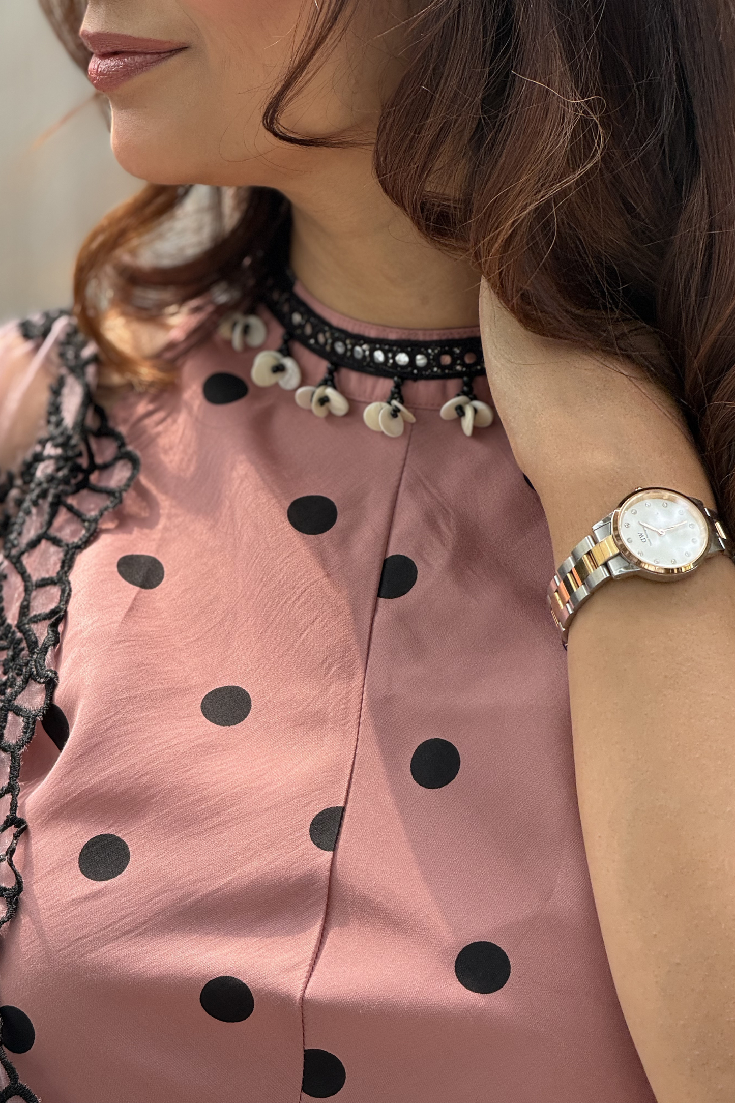 MAUVE POLKA DOT SET WITH EMBROIDERED ORGANZA DUPATTA