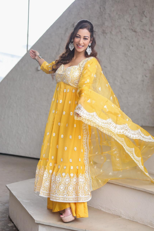 YELLOW TUSCAN FLARED EMBROIDERED SUIT SET