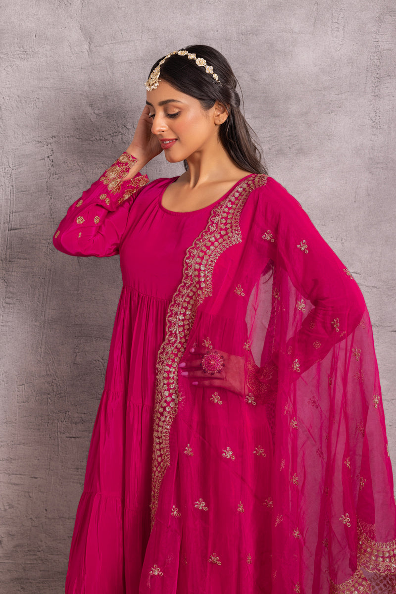 Magenta Gold Embroidered Flared Suit Set