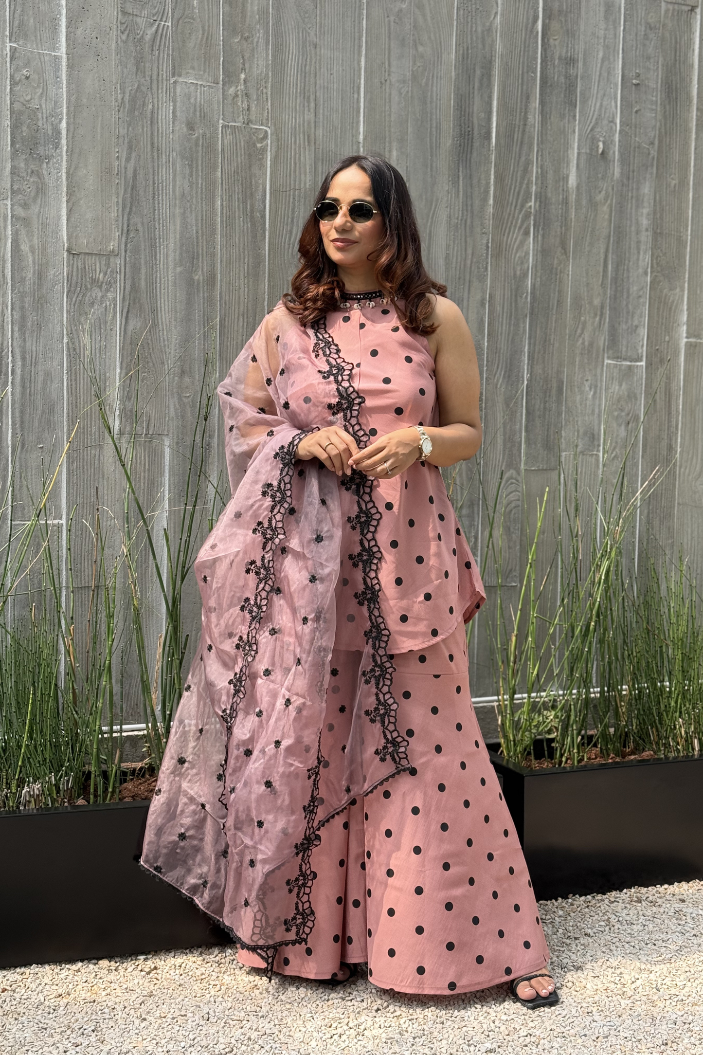 MAUVE POLKA DOT SET WITH EMBROIDERED ORGANZA DUPATTA