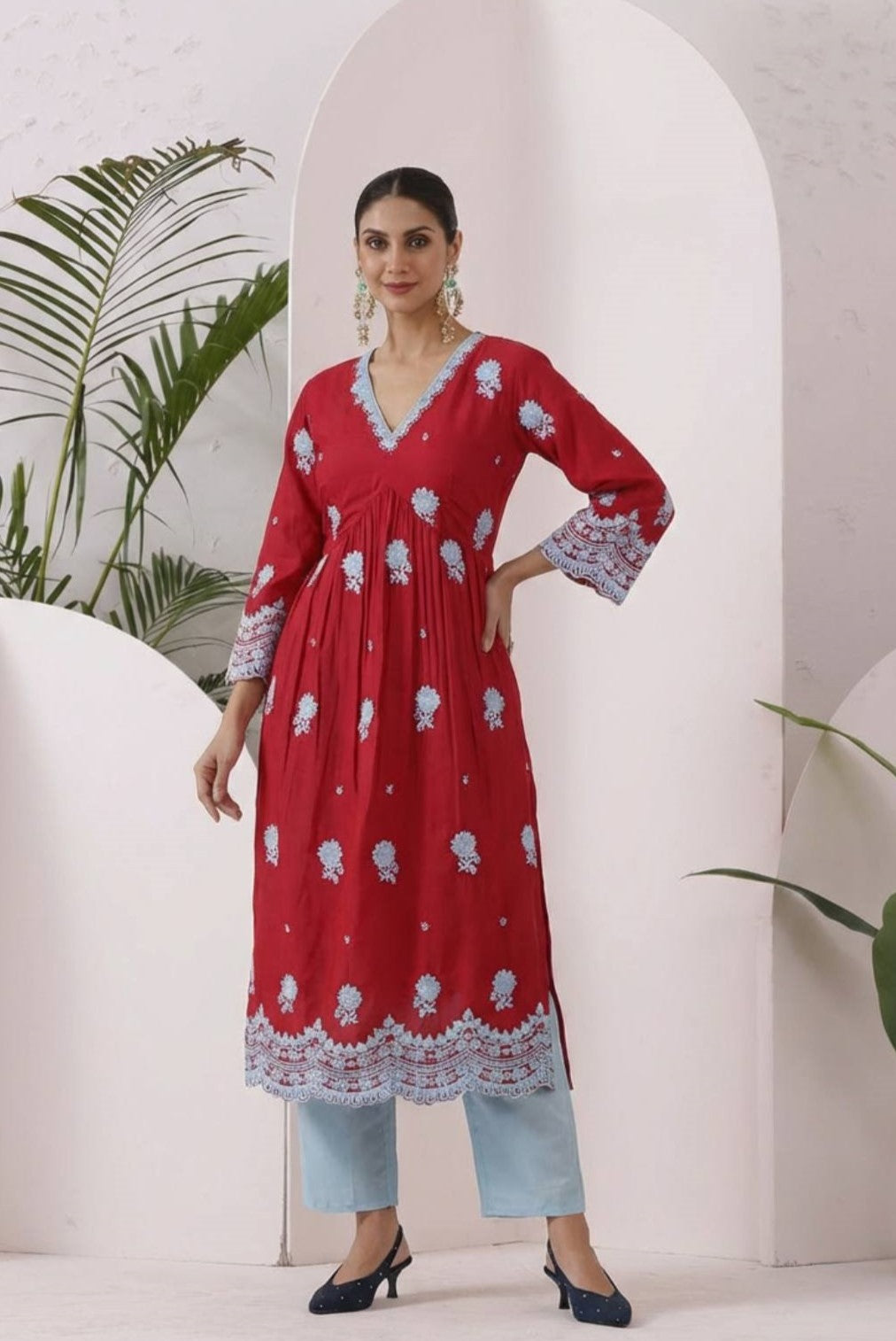 Red And Blue Floral Enbroidered Kurta Set