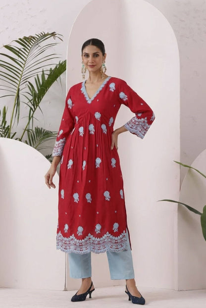 Red And Blue Floral Enbroidered Kurta Set