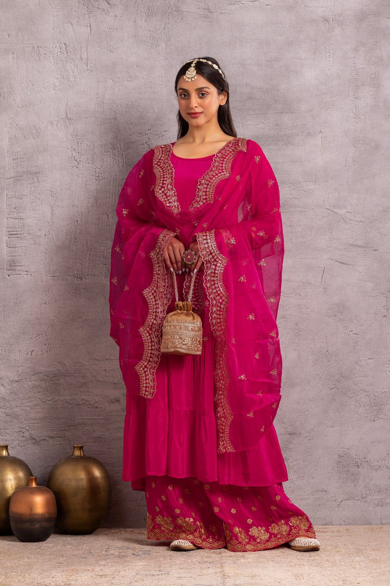 Magenta Gold Embroidered Flared Suit Set