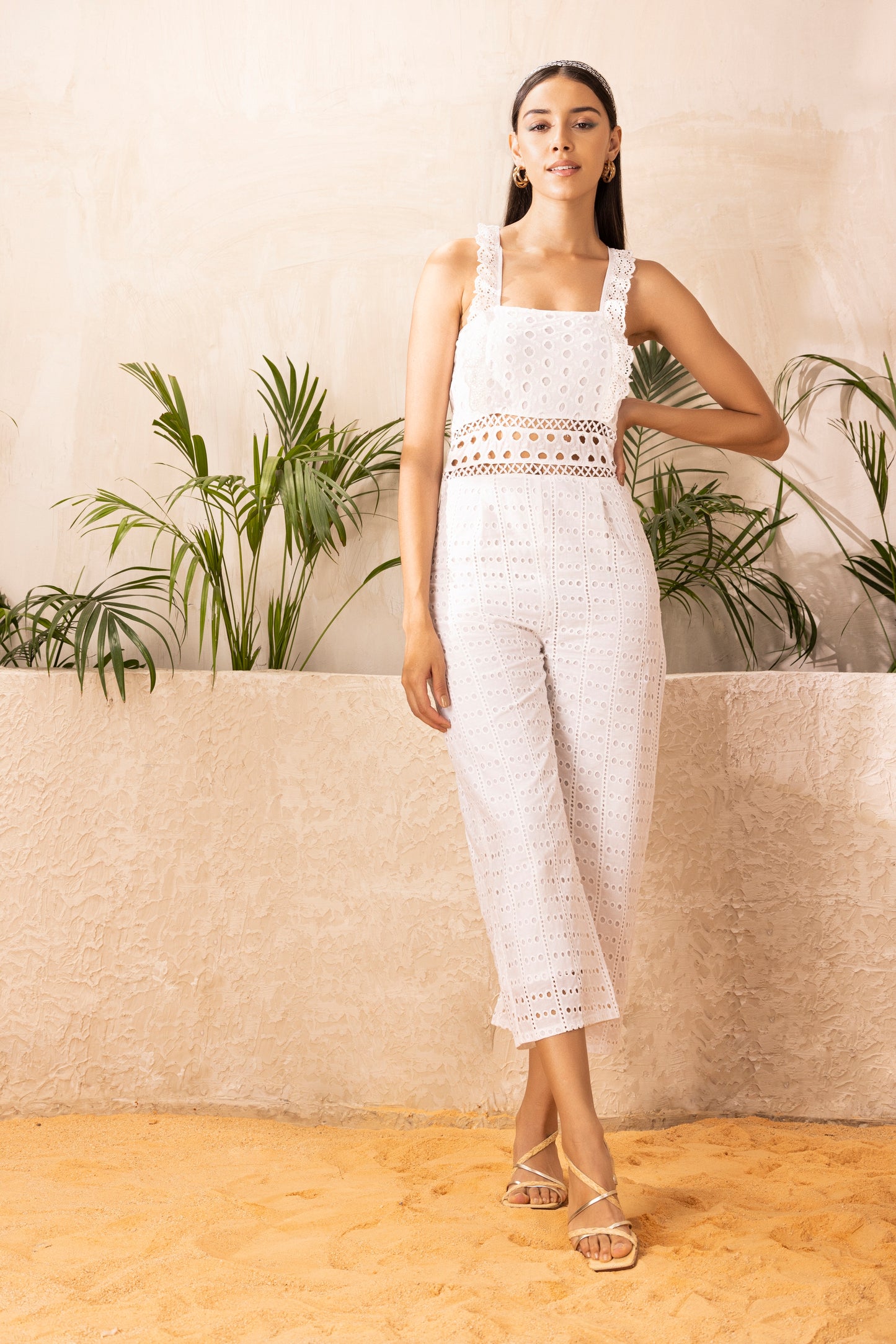 White Schiffli Embroidered Jumpsuit