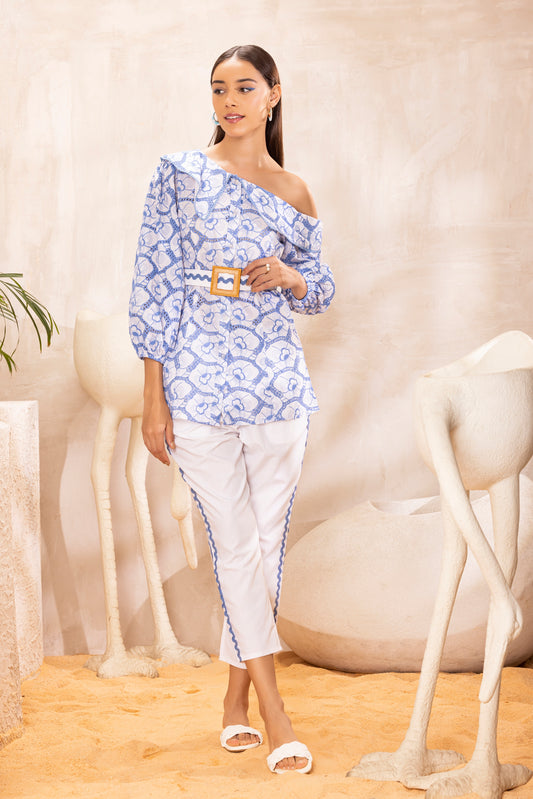 White and Blue Floral Embroidered Co-Ord Set