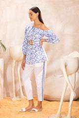 White and Blue Floral Embroidered Co-Ord Set