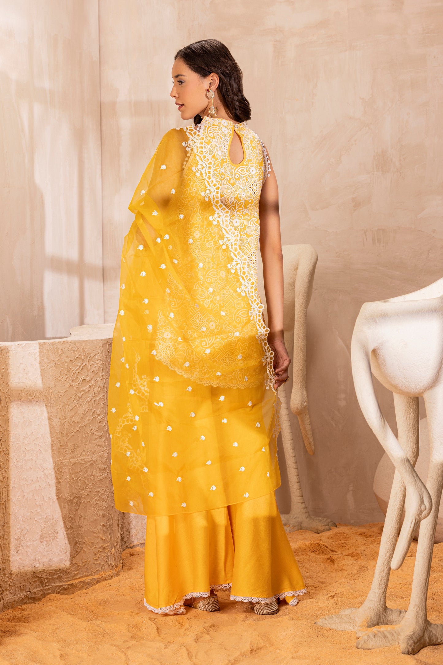 Marigold Halter Set With Organza dupatta