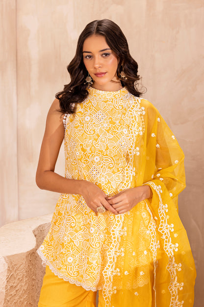 Marigold Halter Set With Organza dupatta
