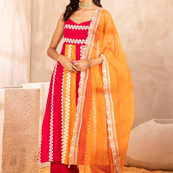 Orange Anarkali Gown Kurti Pant Gota Work Dupatta Set V-Neck Salwar Kameez