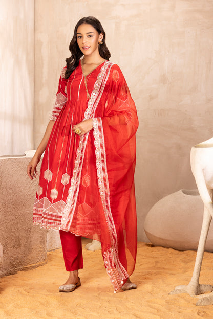 RED Crystal Suit SET WITH ORGANZA DUPATTA