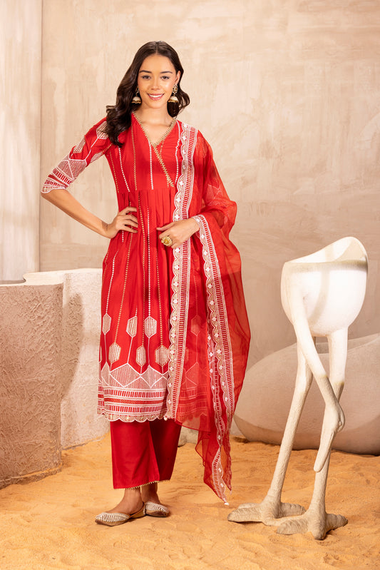 RED Crystal Suit SET WITH ORGANZA DUPATTA
