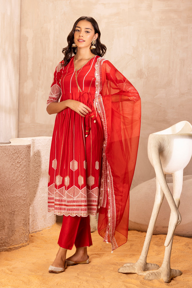 RED Crystal Suit SET WITH ORGANZA DUPATTA