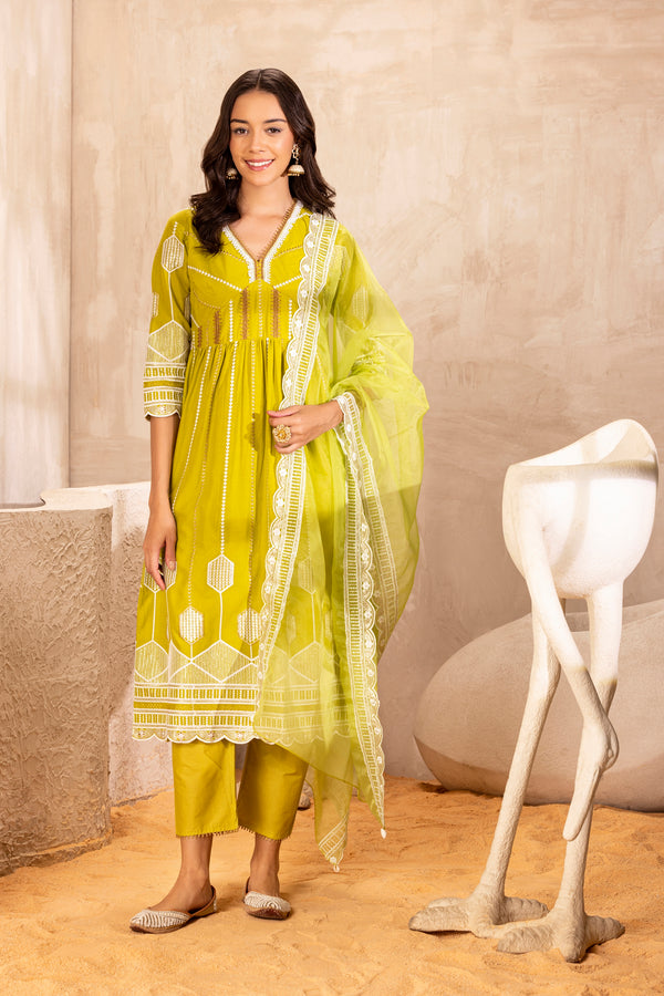 LIME CRYSTAL SUIT SET WITH ORGANZA DUPATTA