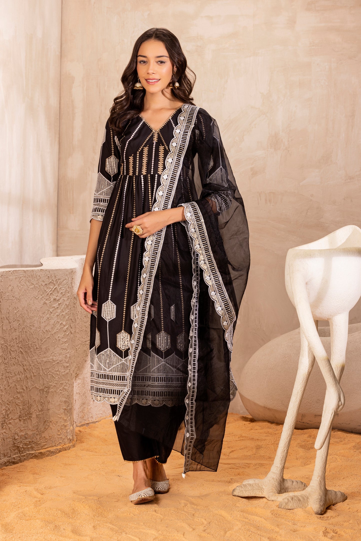 Black Crystal suit Set with Organza Dupatta