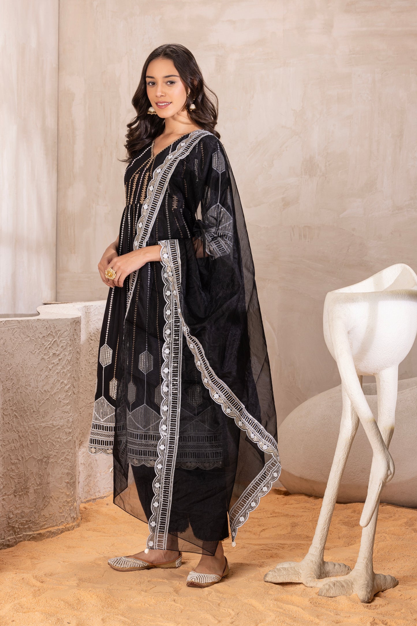 Black Crystal suit Set with Organza Dupatta