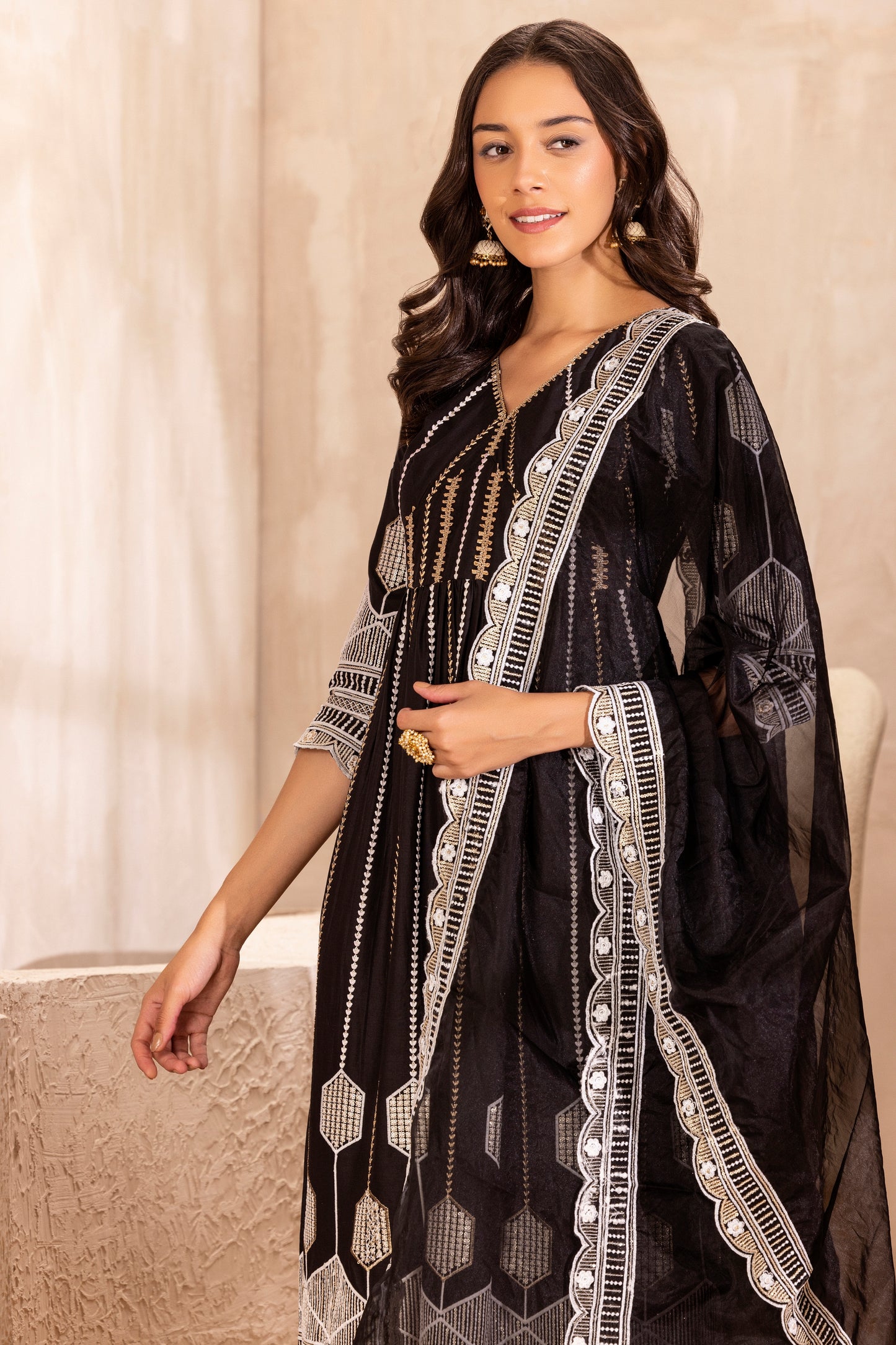 Black Crystal suit Set with Organza Dupatta