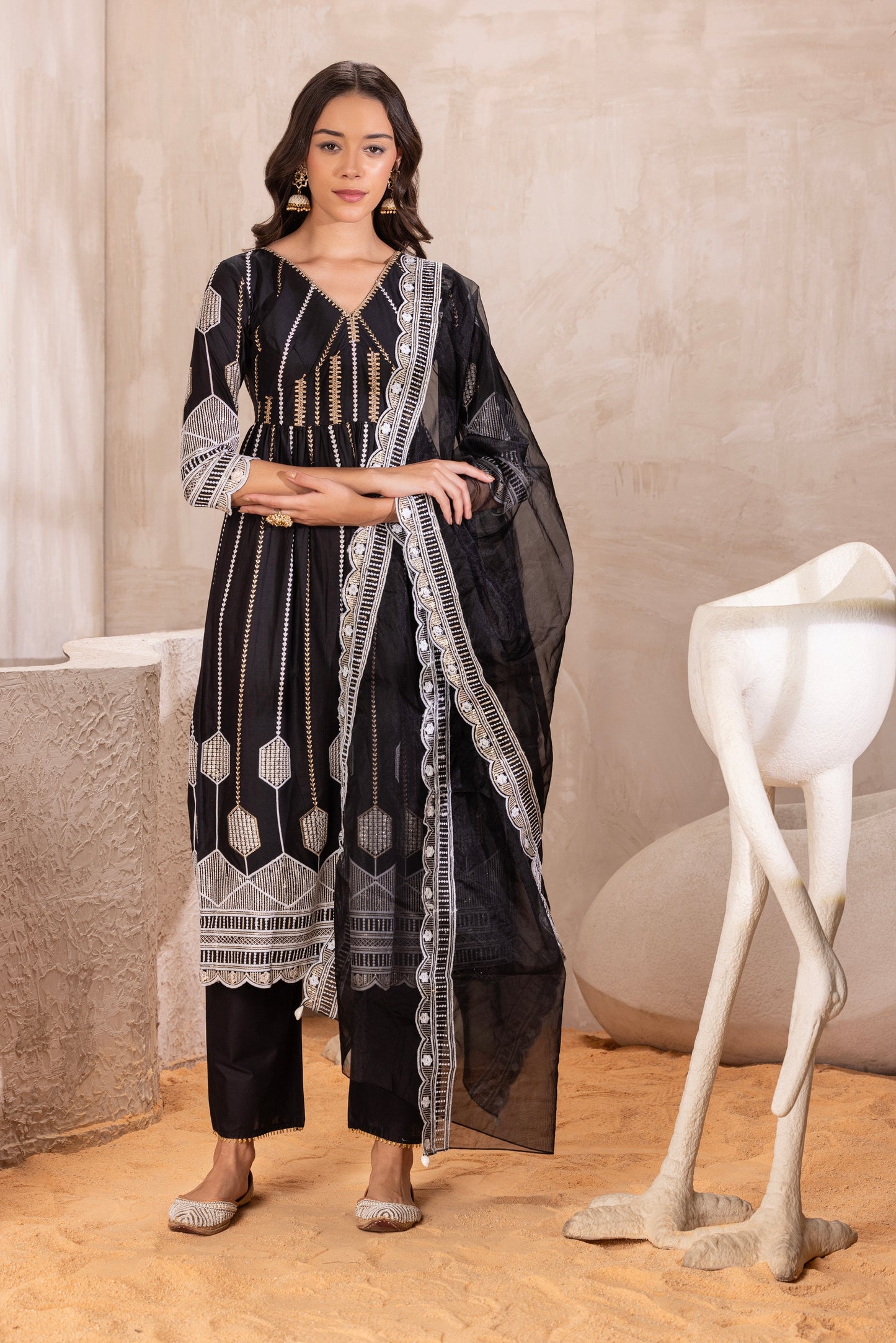 Black Crystal suit Set with Organza Dupatta