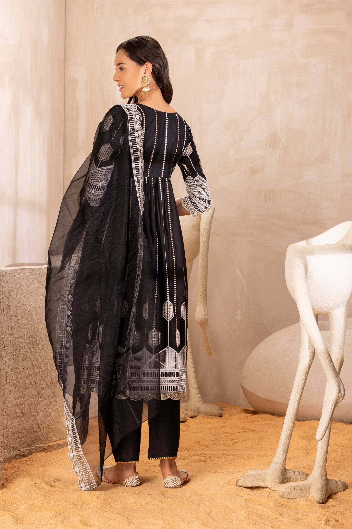 Black Crystal suit Set with Organza Dupatta