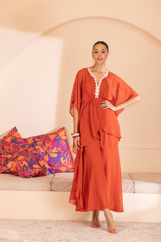 RUST SHELL EMBELISHED KAFTAN ENSEMBLE