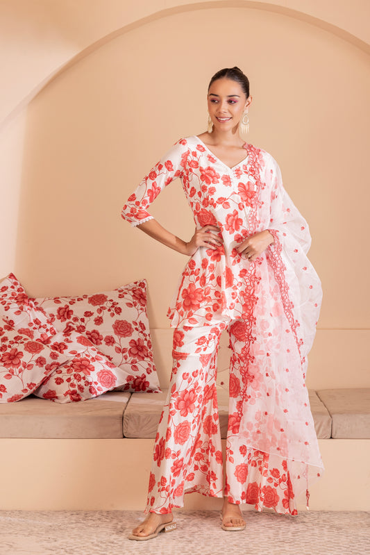 Cream and Red Floral Printed Suit Set