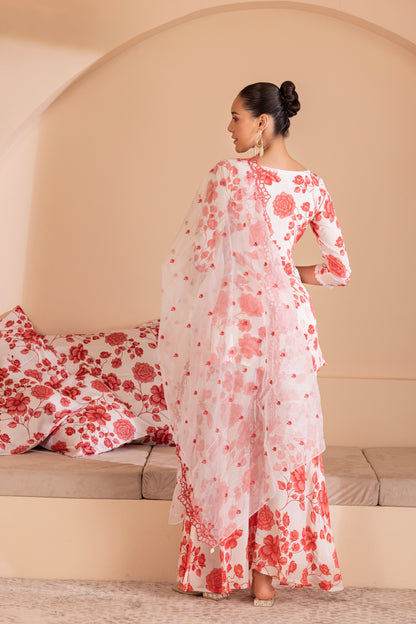 Cream and Red Floral Printed Suit Set