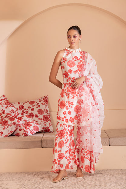 Red Floral Halter Set with Embroidered Organza Dupatta