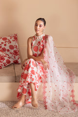 Red Floral Halter Set with Embroidered Organza Dupatta