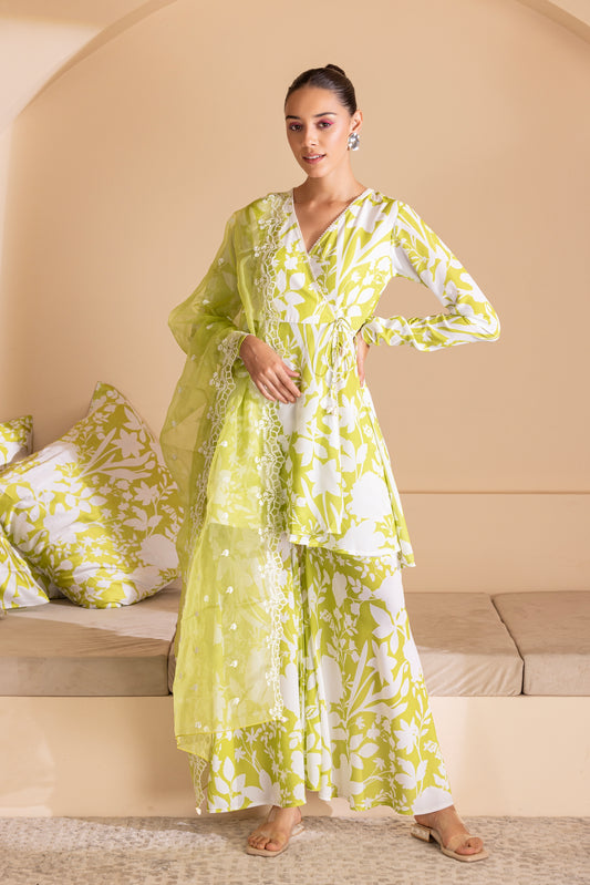 Lime and White Floral Printed Wrap Set with Organza Dupatta
