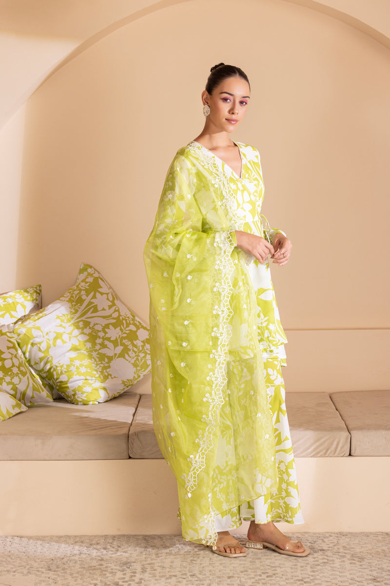 Lime and White Floral Printed Wrap Set with Organza Dupatta
