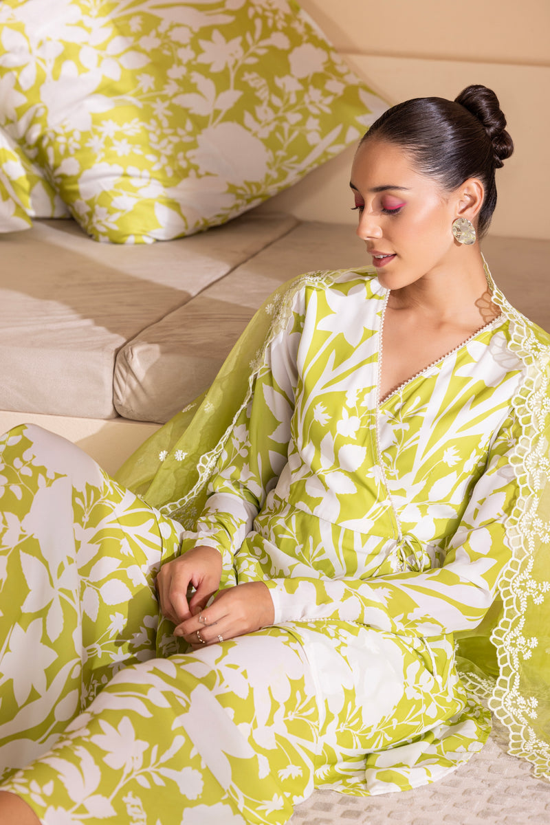 Lime and White Floral Printed Wrap Set with Organza Dupatta