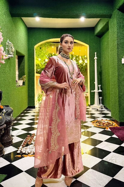 Onion pink velvet suit Set with Organza Dupatta