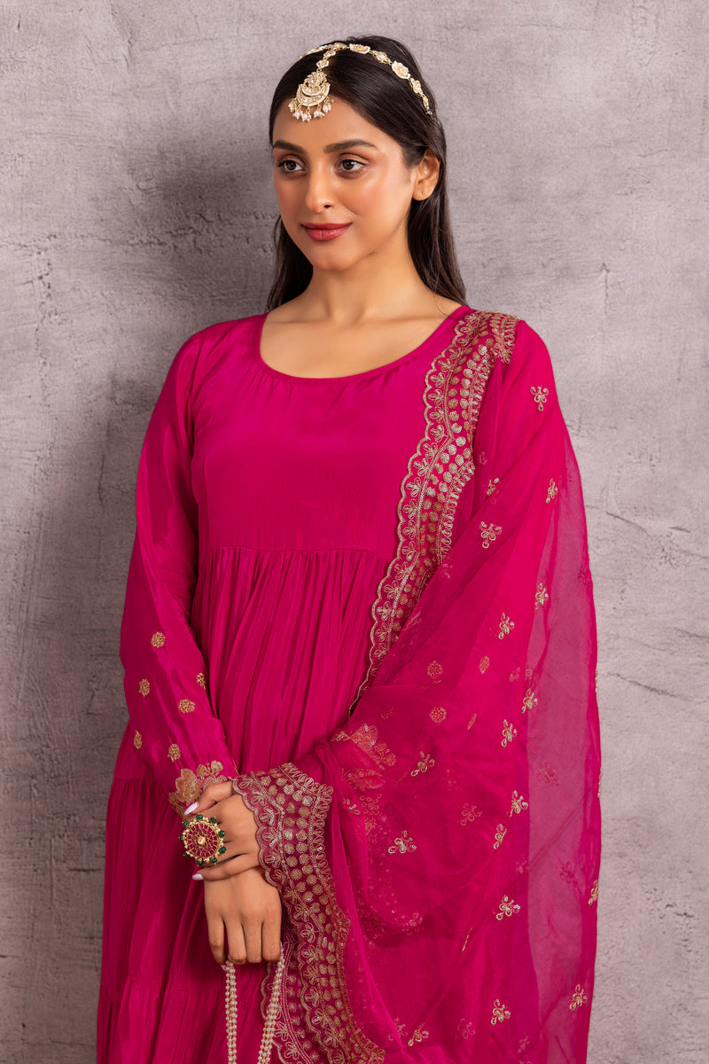 Magenta Gold Embroidered Flared Suit Set