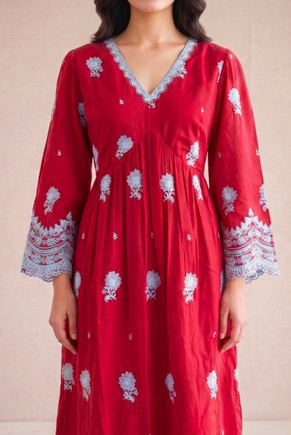 Red And Blue Floral Enbroidered Kurta Set