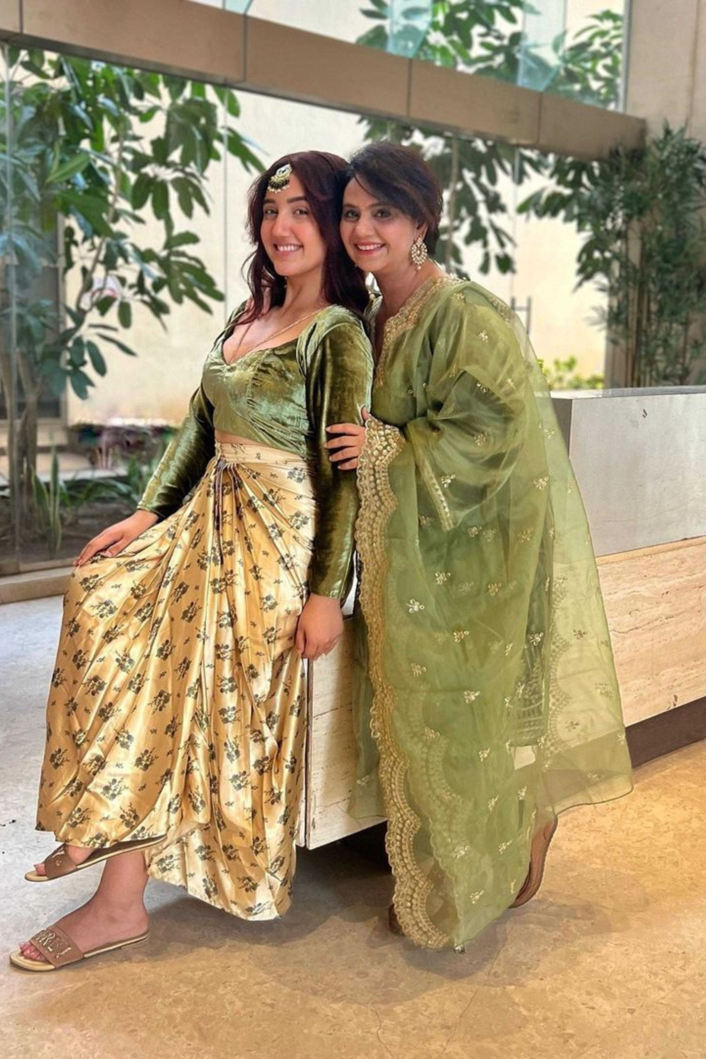 Dark Green Velvet Crop Top and Printed Skirt Set