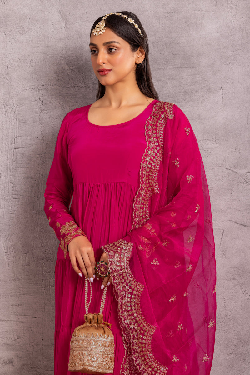 Magenta Gold Embroidered Flared Suit Set