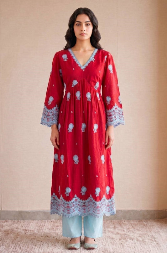 Red And Blue Floral Enbroidered Kurta Set