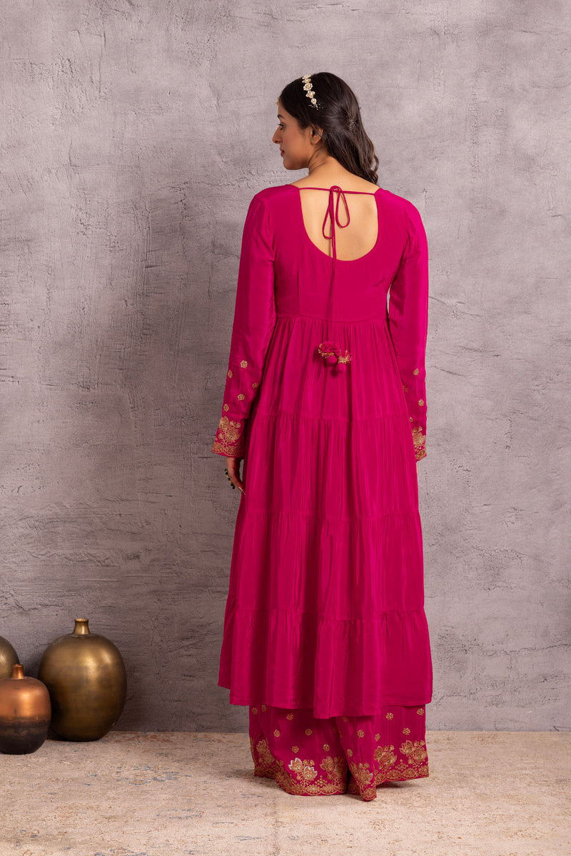 Magenta Gold Embroidered Flared Suit Set