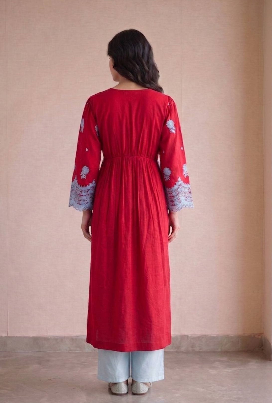 Red And Blue Floral Enbroidered Kurta Set