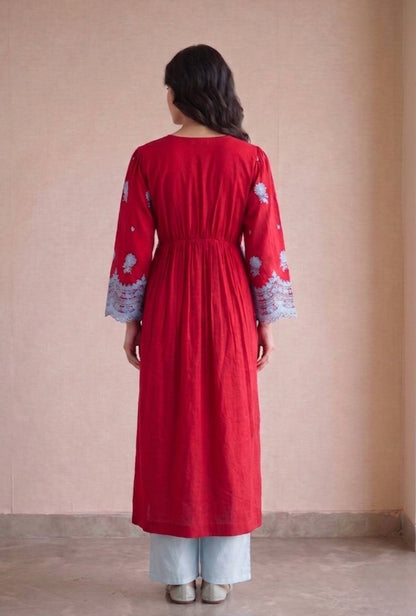 Red And Blue Floral Enbroidered Kurta Set