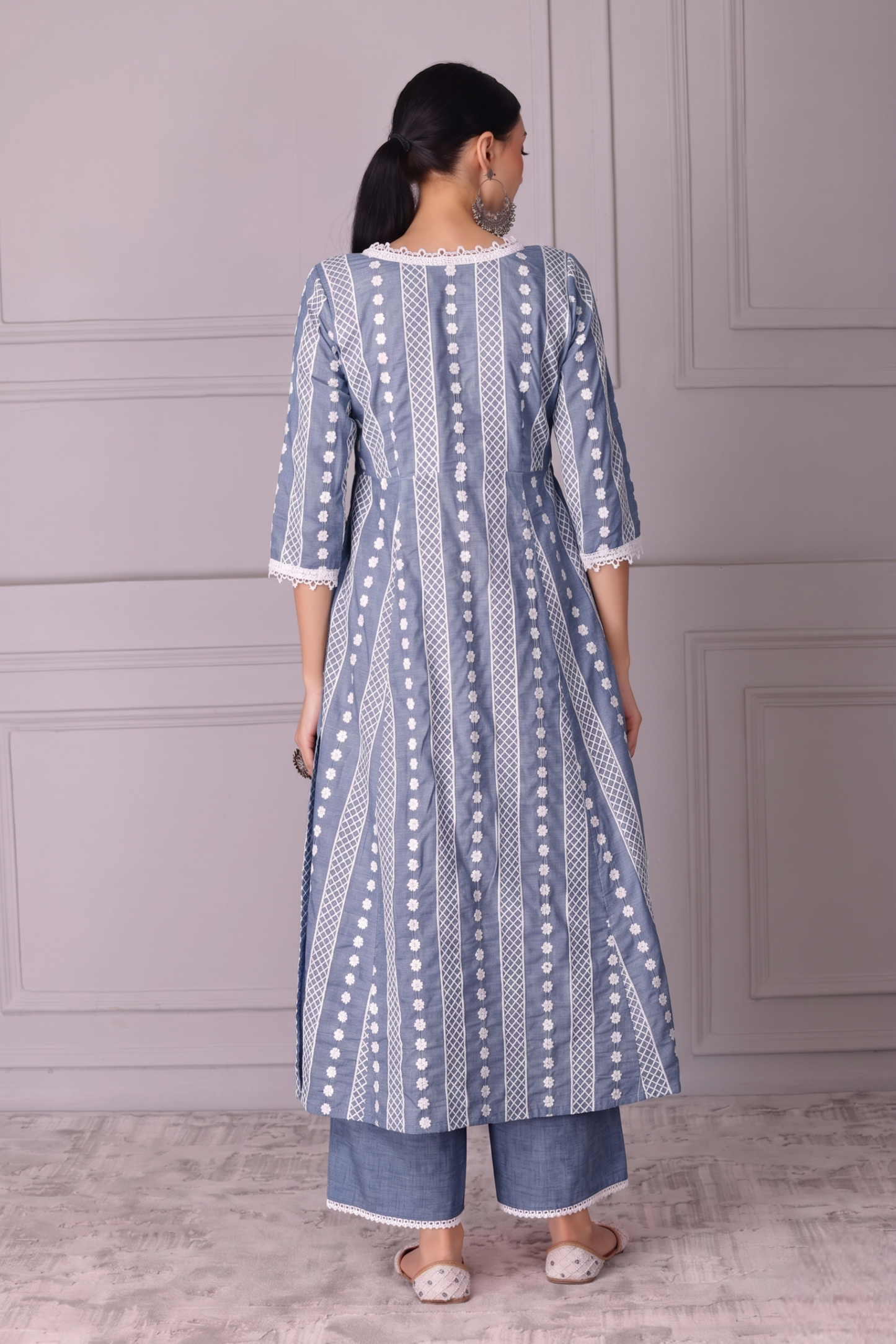 Ash Grey Lace Embroidered Kurta Set