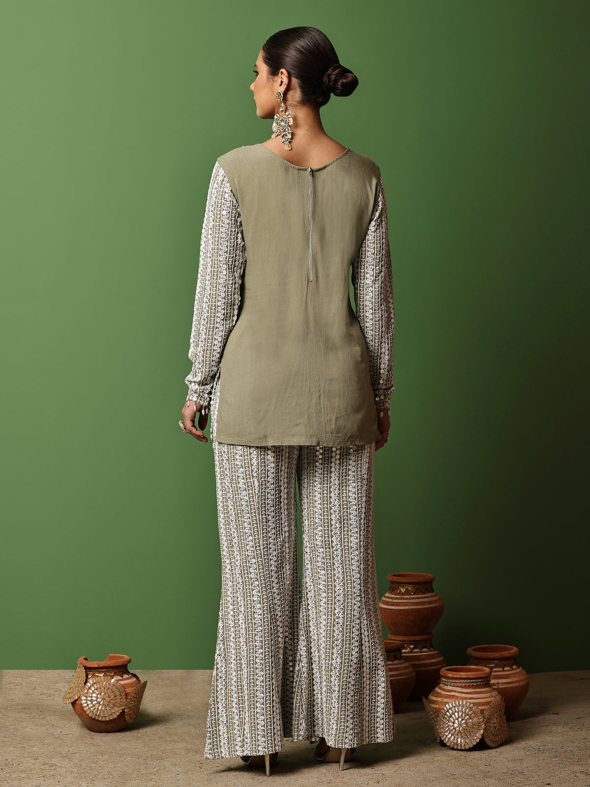 Sage Green and White Sequence Embroidered Fusion Fit