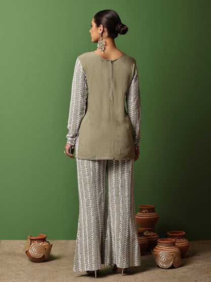 Sage Green and White Sequence Embroidered Fusion Fit