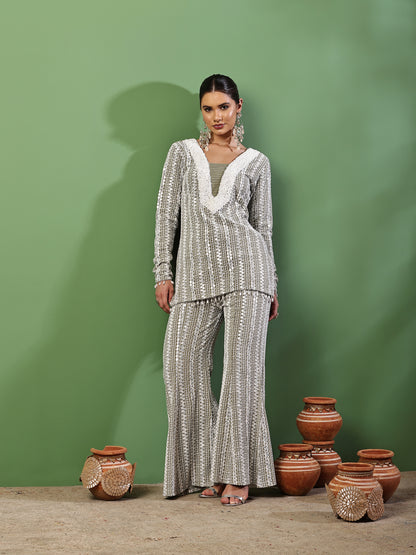 Sage Green and White Sequence Embroidered Fusion Fit