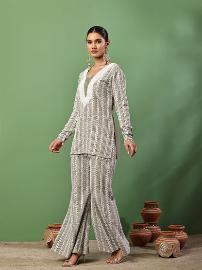 Sage Green and White Sequence Embroidered Fusion Fit