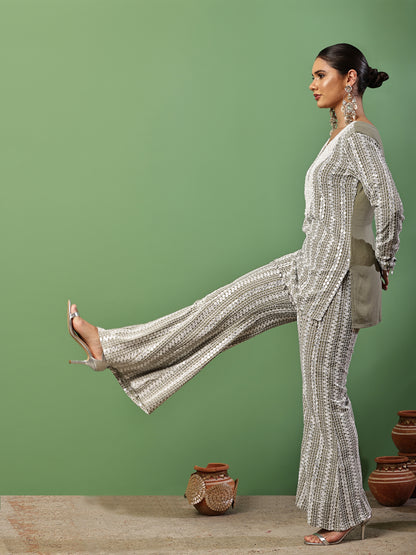 Sage Green and White Sequence Embroidered Fusion Fit