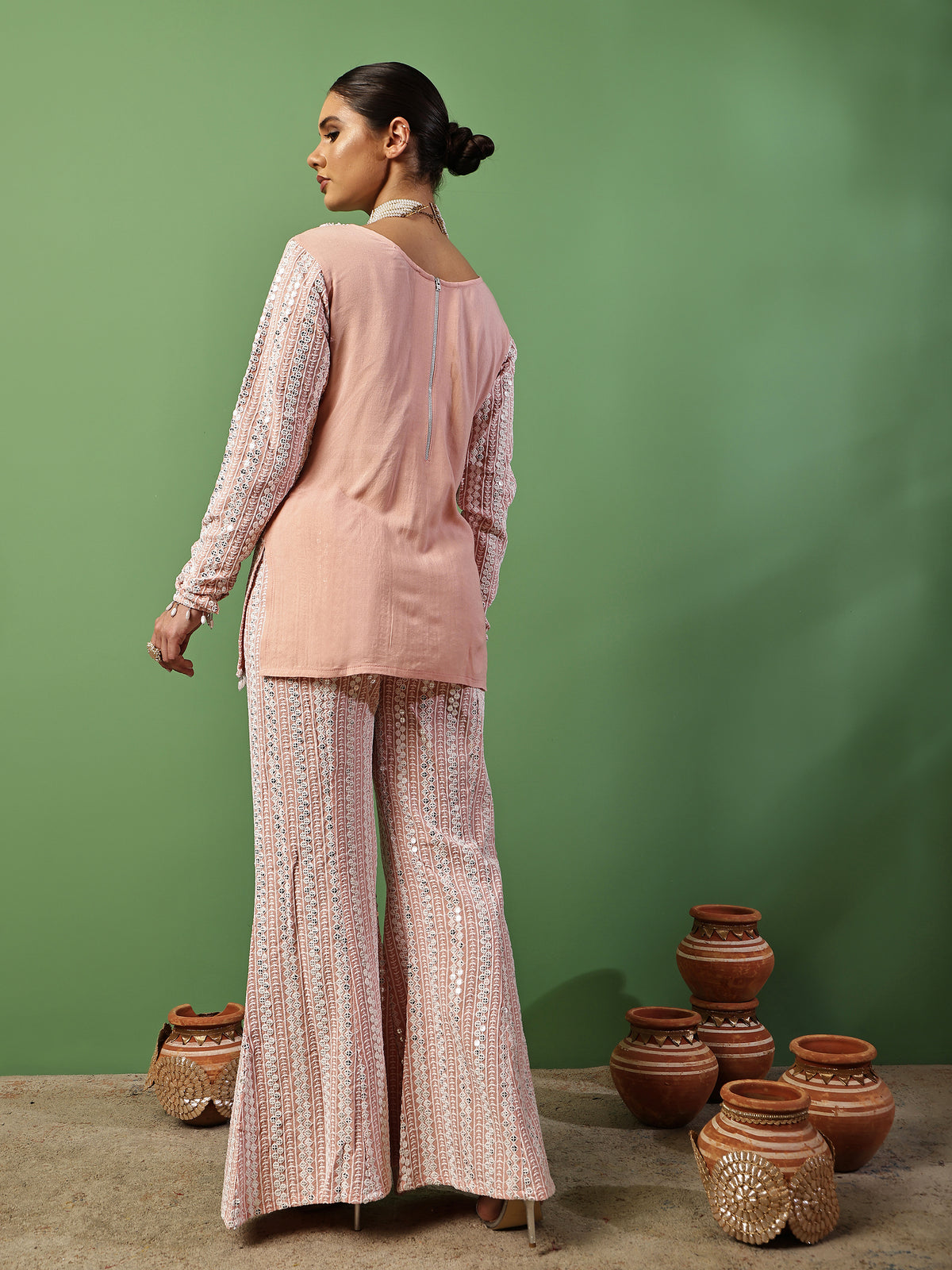 Peach Pink Sequin Embroidered Fusion Fit