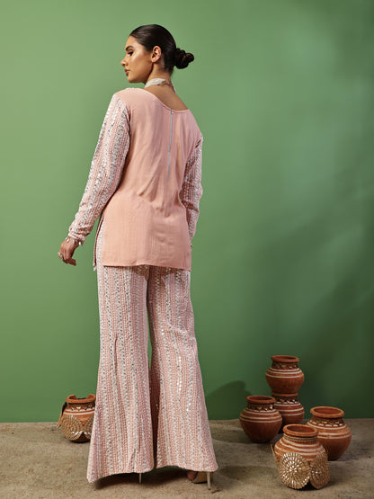 Peach Pink Sequin Embroidered Fusion Fit