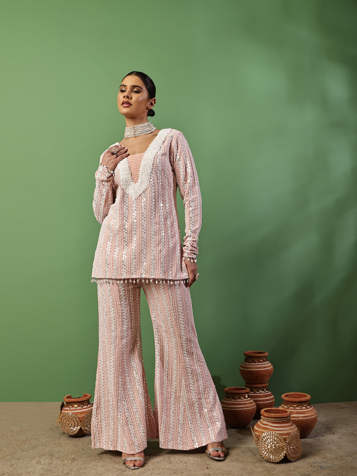 Peach Pink Sequin Embroidered Fusion Fit